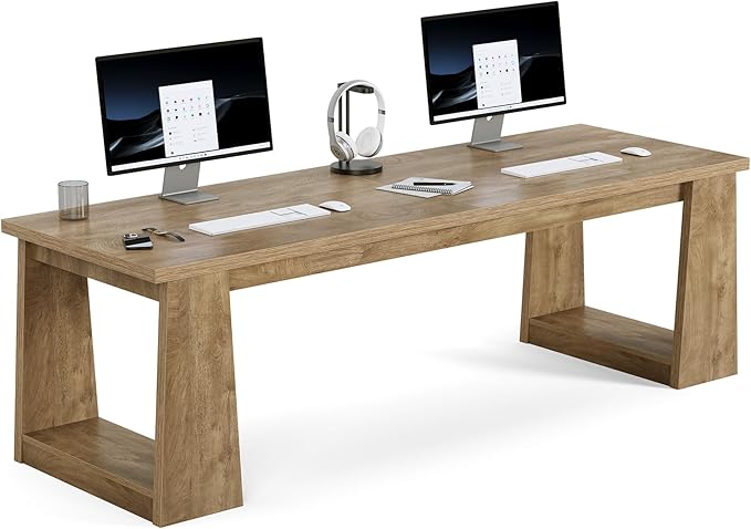 LITTLE TREE 86.6 Two Person Office Desk Computer Desk Gaming Double Desks for 2 People Wood Large Writing Table Home Office Workstation for 2 Natural Oak