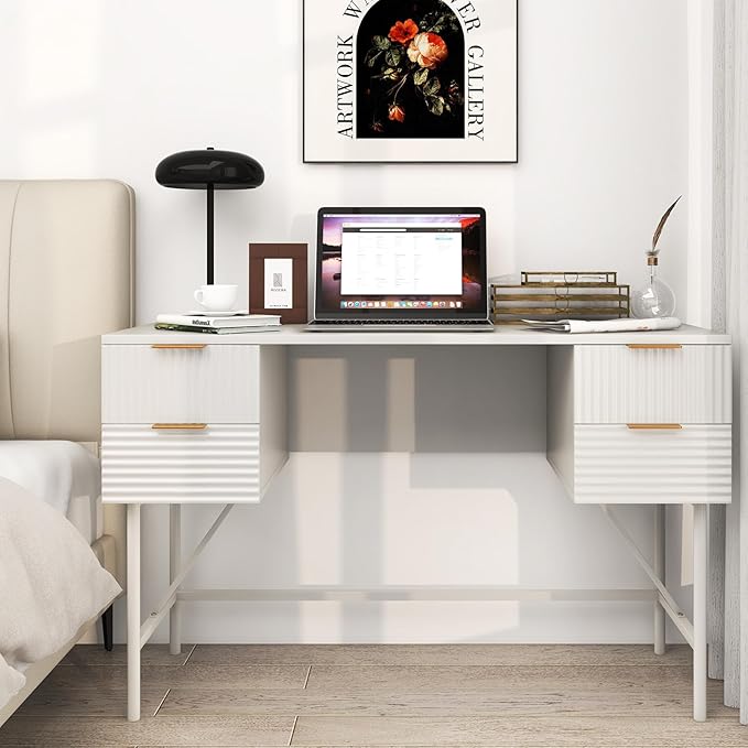 Giantex Modern Desk with 4 Drawers 48 Inch Computer Desk with Storage Heavy-Duty Gold Metal Frame Makeup Vanity Dressing Table White and Gold Desk for Bedroom Study Home Office