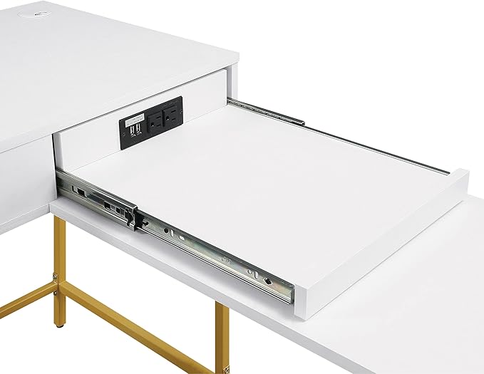 OSP Home Furnishings Modern Life Contemporary L-Shaped Desk with Large Drawer and Built-in Power Charging Port White