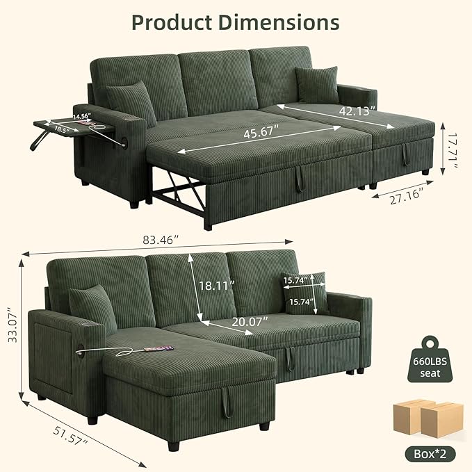 L-Shape Sleeper Sofa with Storage &amp Ports Pull-Out Couch Bed with Cup Holders Side Pockets &amp Side Table for Living Room Apartment Green