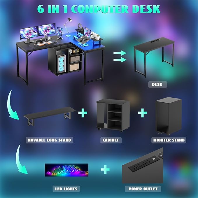 Cyclysio L Shaped Gaming Desk with Wood Cabinet 58 Large Corner Desk with LED Lights &amp Power Outlet Reversible Computer Desks with Computer Tower Stand 2 Person Desks for Home Office Black