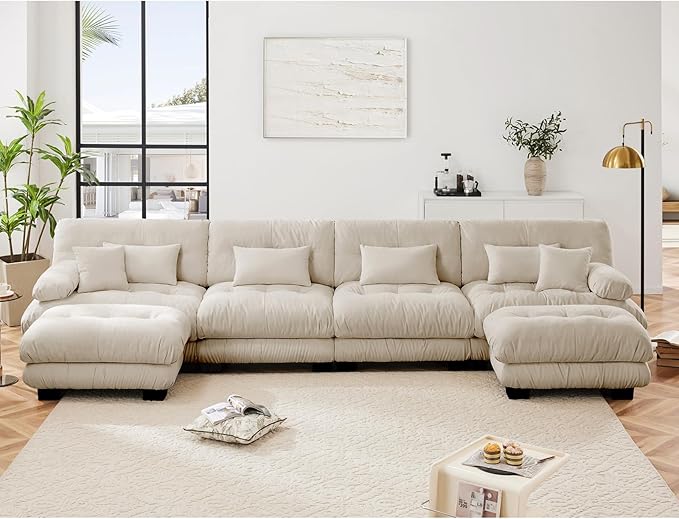 173.2 Oversized U Shaped Couch Chenille Modular Sectional Sofa 4 Seater Deep Seat Sofa with 2 Movable Ottoman Cloud Couch with Thick Seat Cushion Sectional Couches for Living Room Light Coffee