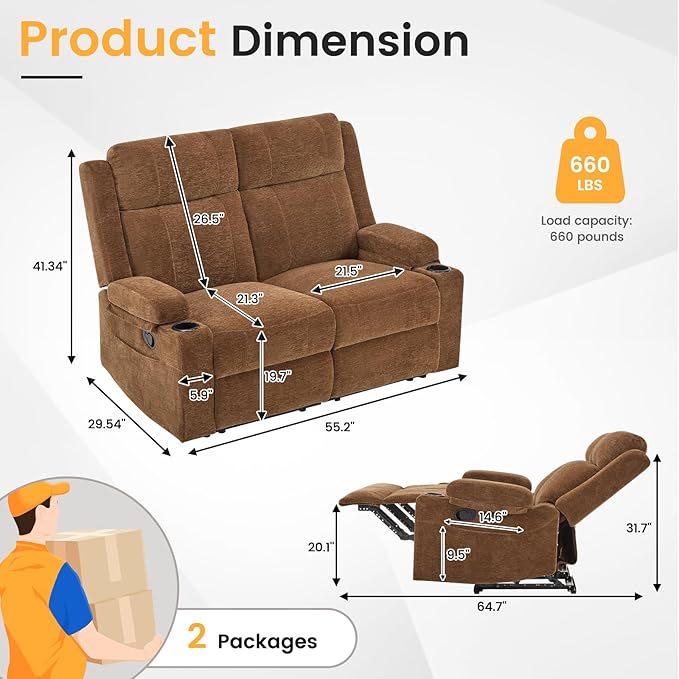 Loveseat Recliner Double Recliner Loveseat with Adjustable Footrest &amp Cup Holder Wall Hugger Recliner for Living Room &amp Home Theater &amp RV(Brown)