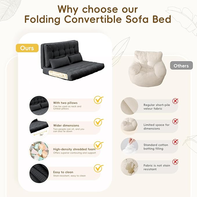 Convertible Sofa Bed 54x91 Inch Thick Tufted Folding Sofa Bed with 2 Pillows Folding Floor Loveseat Sleeper Couch Mattress for Small Spaces Living Room Bedroom and Adults Gray