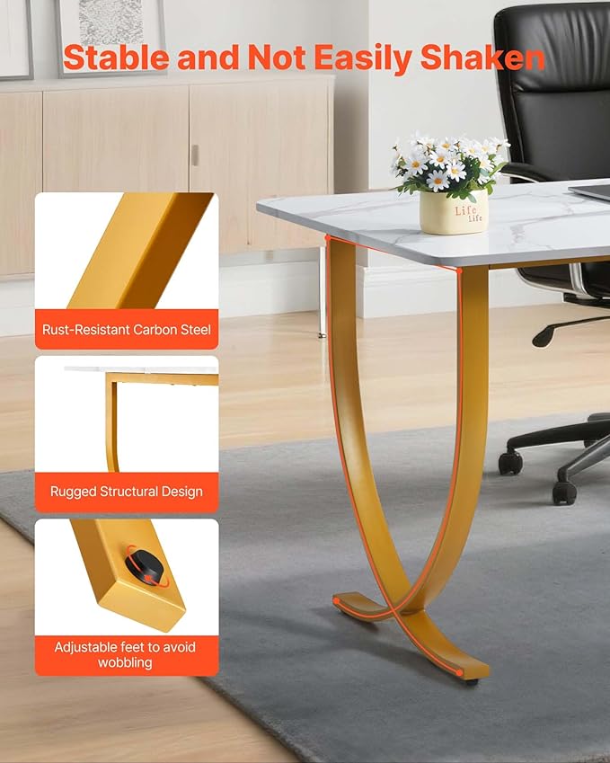 VEVOR Executive Desk 63 W x 31.5 D Large Office Desk Modern Computer Table Conference Meeting Room Table Business Furniture Enlarged Desktop for Home Office White and Gold