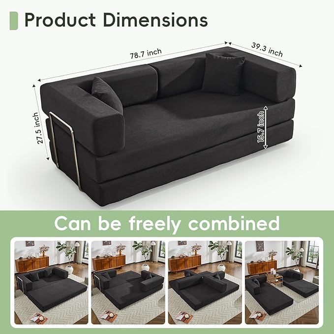 4-in-1 Folding Convertible Sofa Bed King-Size Corduroy Sleeper with No Assembly Oversized Floor Couch for Living Room Bedroom and Guest Room