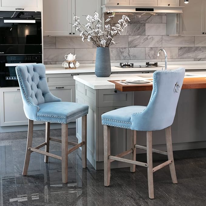 Modern Upholstered BarstoolsVelvet Bar ChairsSet of 2Wooden LegsLeisure Style Bar ChairsHigh Backrest ChairKitchen Island Chairs for CafesLiving RoomKitchenBarLight Blue