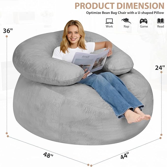 HABUTWAY Giant Bean Bag Chair Oversized Beanbag Chair with Filler Ultra Soft Faux Fur Bean Bag Lounge Floor Sofa w/U-Shaped Pillow for Gaming Reading Light Grey &amp Light Grey