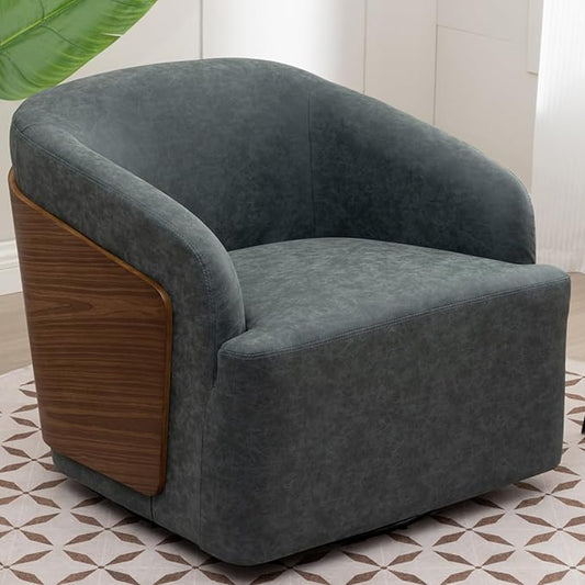 Swivel Accent Chair Faux Leather Swivel Barrel Chair Comfortable Mid Century Modern Chair Upholstered Metal Base Armchair for Living Room Bedroom Office Large Vintage Blue
