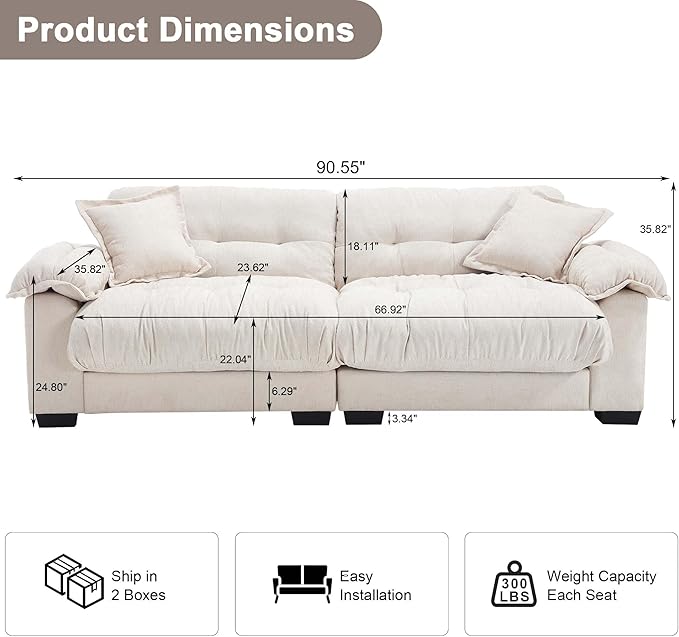90.55 Cloud Loveseat for Living Room Modern Small Sofa Love Seat Couch for Small Spaces 2 Seater Comfy Loveseat Sleeper Cozy Sofa Beige