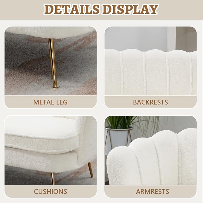 59 Small Loveseat Sofa 2-Seater Modern Chenille Couch with Gold Metal Legs &amp Floral Backrest Compact Apartment Sofa for Living Room Bedroom Office Dorm (Boucle Ivory)