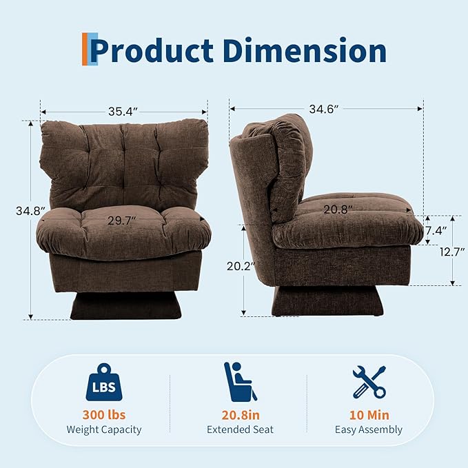 GarveeHome Chenille Swivel Accent Chair360°Comfy Modern Sofa Chair with Oversize Base20.8in Extended Seat with Cozy Cotton Filling300Lb Max Load Accent Chair for Living Room Bedroom Office
