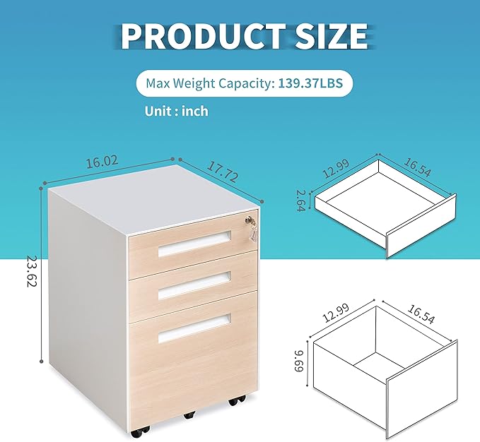 Generic 3 Drawer Mobile File Cabinet with Lock Steel File Cabinet for LegalLetterA4F4 Size Fully Assembled Include Wheels Home Office Design Cherry
