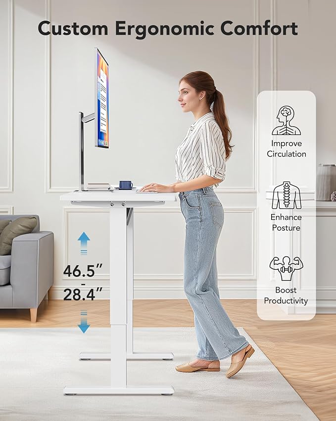 HUANUO Electric Small Standing Desk 35 x 20 Whole Piece Desktop Adjustable Height Computer Desk 4 Height Memory Settings Sit Stand Up Desk for Home Office White
