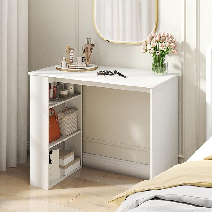 Tangkula Small White Desk with 3-Tier Bookshelf Modern Simple Home Office Desk for Small Space Wooden Writing Desk for Study Living Room &amp Bedroom Compact Laptop PC Workstation (White)