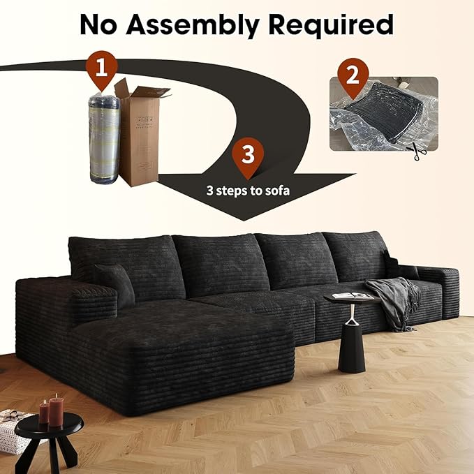 136 Sectional Couches for Living Room Modern Modular Sofa with L-Shape Couch Upholstered Boneless Sofa Deep Seat Sectional Couch with Chaise (Black Left Facing Chaise+3Seaters)