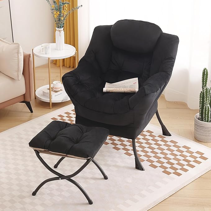 Tiita Lazy Chair with Ottoman Black Modern Large Accent Chair Comfy Leisure Sofa Armchair with Ottoman Reading Chair with Footrest for Bedroom Living Room Dorm Rooms Velvet Black