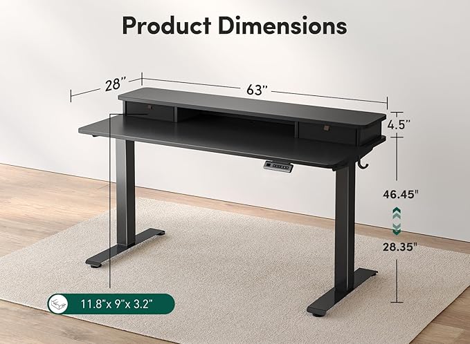 FEZIBO 63 x 28 Inch Deeper Height Adjustable Electric Standing Desk with Double Drawers Sit Stand Up Home Office Computer Desk with 4 Height-Adjustable Feets &amp 2 Hooks Black Frame/Black Top