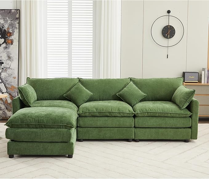 kevinplus 101'' Modular Sectional Sofa Couch L-Shaped with Convertible Ottoman for Living Room Modern Contemporary 3-Seat Fabric Sofa Couch Thick Cushion Green