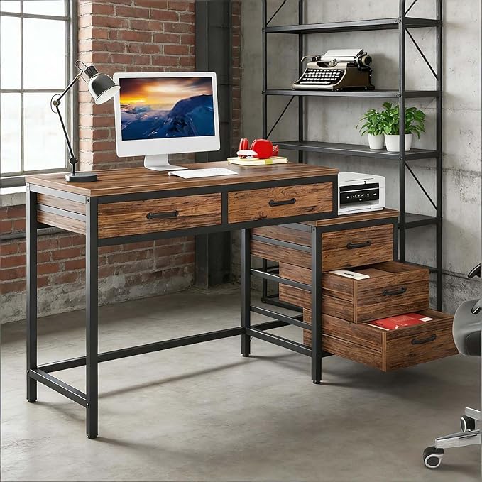 Computer Desk with Adjustable Position Drawers Rustic Brown Gaming Desk with Storage Compact Home Office Desks Vanity Desks Without Mirror for Bedroom/Study Writing
