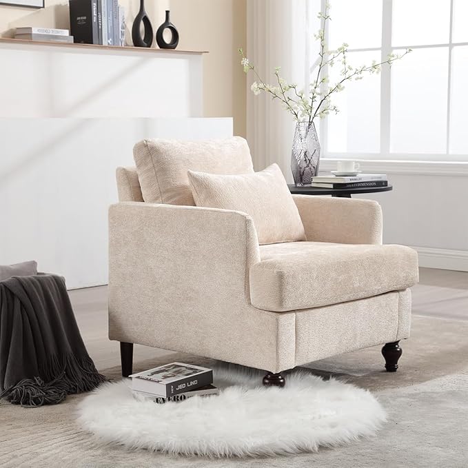 Upholstered Living Room Chair Chenille Accent Chair Single Sofa with Cushion &amp Solid Wood Frame Mid Century Modern Armchair for Bedroom Office