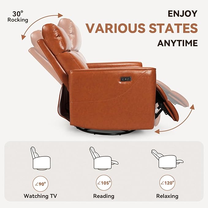 Himimi Power Recliner Chair Swivel Recliner Chair for Adults Faux Leather Single Sofa with Massage and Heat Small Space Side Pocket USB Charging Living Room Orange-Brown