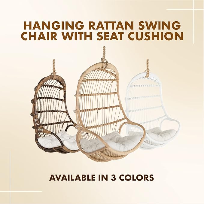 KOUBOO Hanging Rattan Swing Chair with Seat Cushion Handwoven Natural Rattan Chair Coastal Home Decor Furniture for Bedroom Living Room &amp Sun Room Natural
