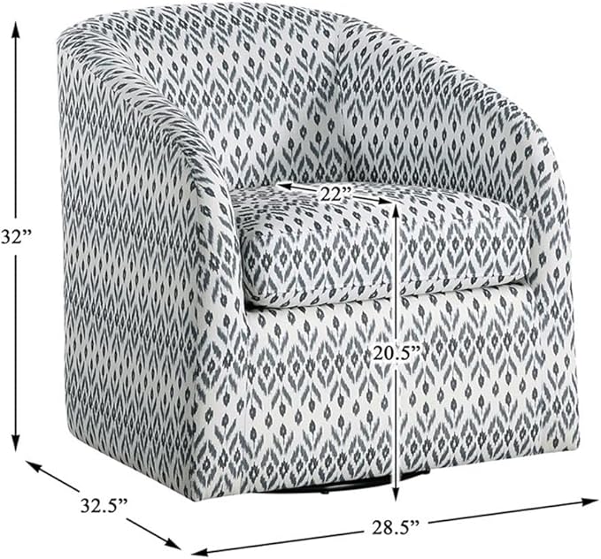 Pemberly Row Contemporary Textured Swivel Chair Multi-Color Tribal Pattern Fabric Upholstery Foam Padding Solid Wood Frame Metal Swivel Base 360-Degree Rotation Living Room Reading Nook Home