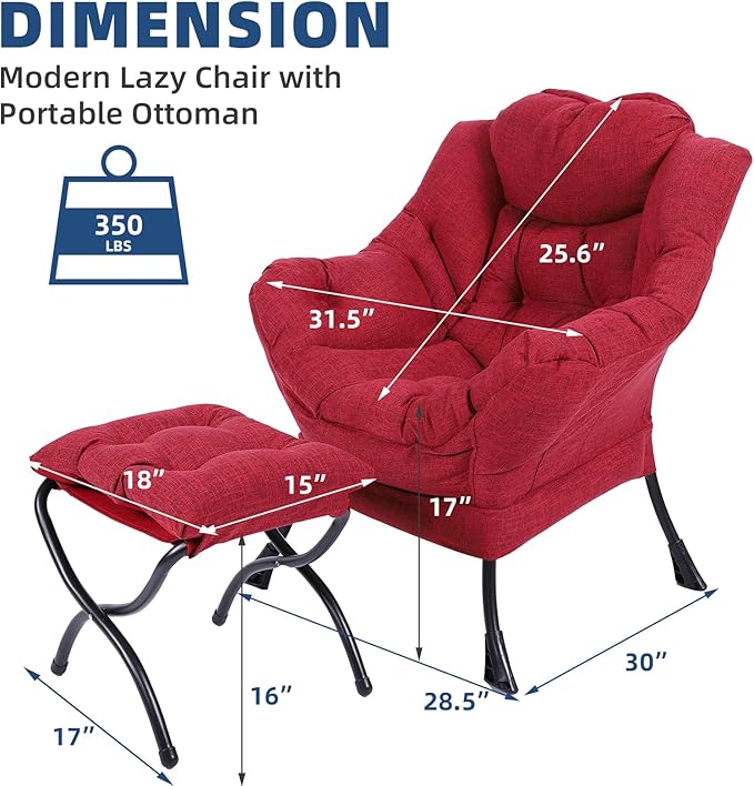 Modern Lazy Chair with Portable Ottoman Accent Contemporary Lounge Chair Steel Frame Leisure Sofa Chair Set with Footstool Armrests Side Pocket for Living Room Bedroom Office Red