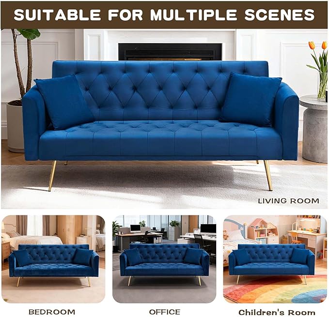 71Convertible Futon Sofa Bed - Modern Velvet Sleeper Couch with Adjustable Backrest Tufted Recliner with Golden Chrome Legs &amp 2 Pillows Perfect for Small Spaces Living Room &amp Apartment (Bl