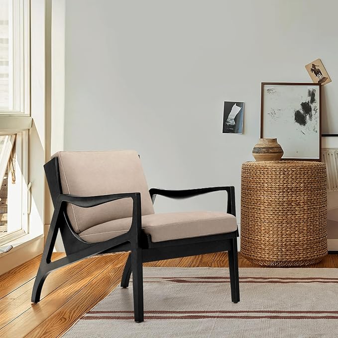 Genuine Leather Accent Chair with Ash Wood Frame Mid Century Modern Armchair Genuine Leather Accent Lounge Chair with Thick Cushioned Seat for Living Room Bedroom or Office
