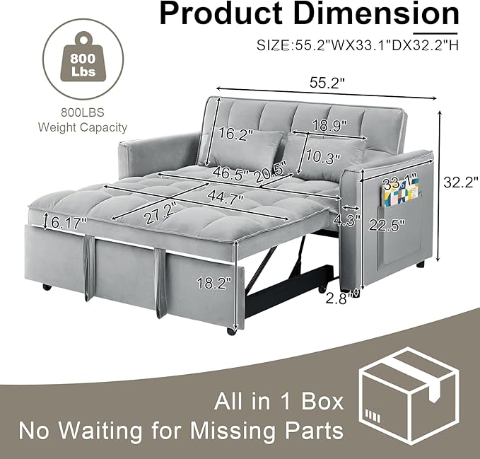 3-in-1 Convertible Sofa Bed 55'' Pull Out Couch Bed with Adjustable Backrest Velvet Fabric Sleeper Loveseat Sofa with Side Pocket Perfect for Living Room Easy Assembly(Light Gray)