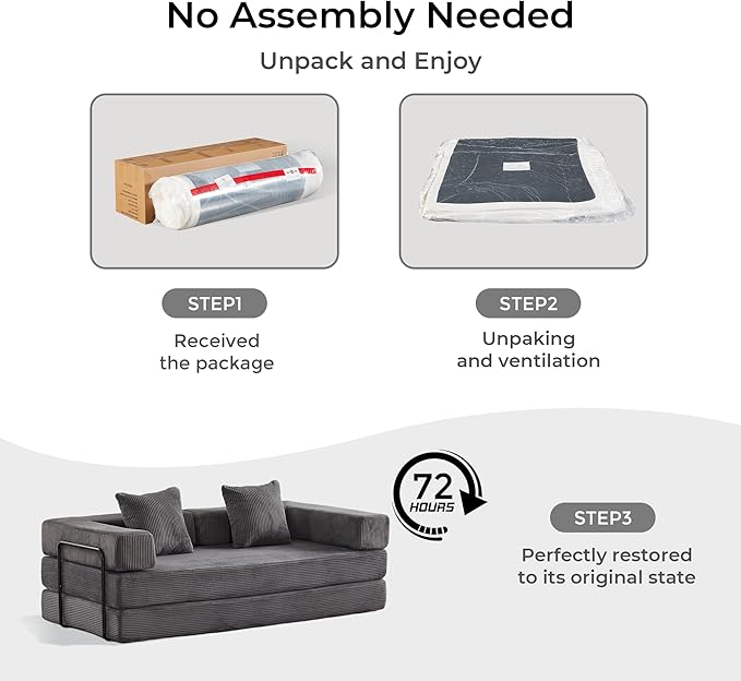 WELAX 77 Convertible Sleeper Sofa Bed Boneless Cloud Queen Futon Couches with 2 Pillows &amp Removable Armrests Corduroy Folding Floor Couch No Assembly for Bedroom Living Room Grey
