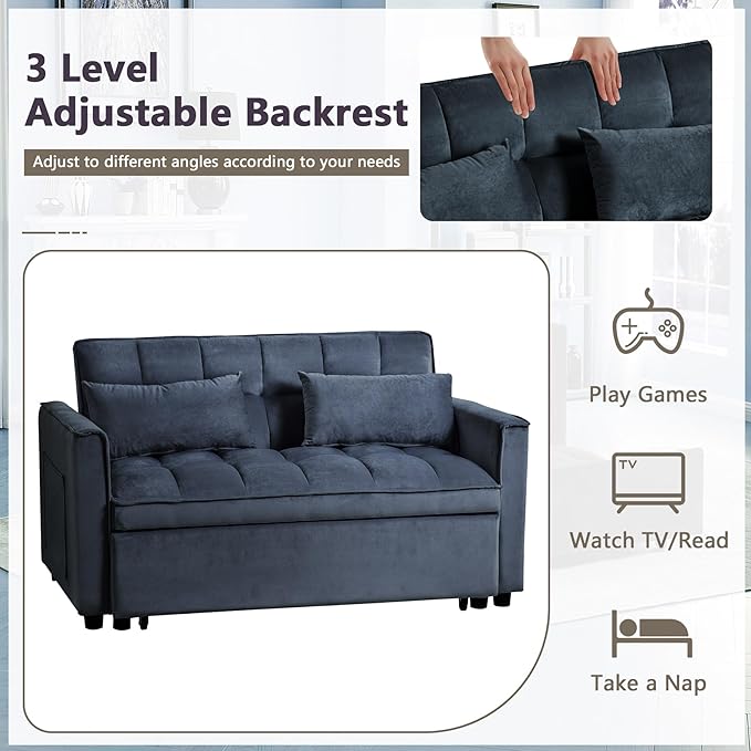 3 in 1 Pull Out Couch Bed Convertible Futon Sofa Bed Velvet Sleeper Loveseat for Small Living Room Adjustable Backrest Comfy Pillows Side Pocket (Black)