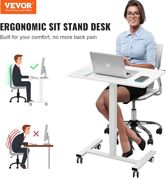 VEVOR Mobile Standing Desk 28-44 Gas-Spring Height Adjustable Sit-Stand Desk 4 360° Swivel Wheels (2 Lockable) Portable Rolling Laptop Table Computer Cart for Home Office School 40LBS Loading