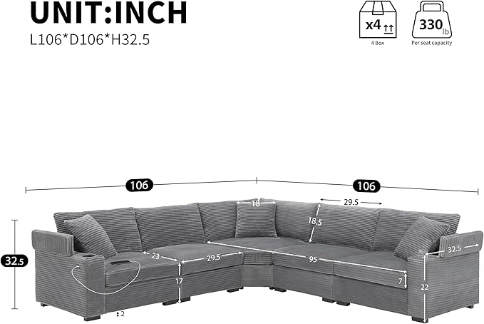 Merax 106 Corduroy Sectional Corner Sofa with Cup Holders &amp USB Charger 5 Seat Convertible L Shaped Couch Set with Armrest Storage Oversized Comfy Modular Sofabed for Living Room &amp Apartmen