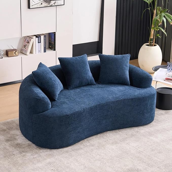 65 Curved LoveseatDeep Seat Cloud Floor Couch with 3 BackrestCozy Chenille FabricSmall Loveseat for Small SpacesBedroomOfficeApartment (Blue 65 Inch)