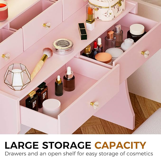 COMHOMA Makeup Vanity Desk with Mirror and Lights Vanity Table and Chair Set with 5 Drawers and Charging Station Bedroom Dresser LED Mirror Stepless Dimmable &amp 3 Color Modes Adjustable Pink