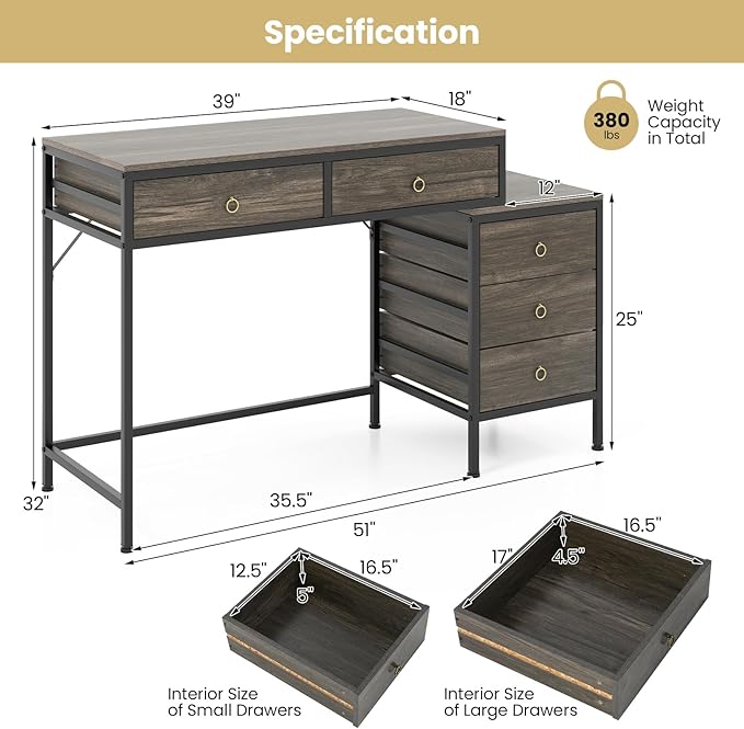 Tangkula Computer Desk with 5 Drawers 51 Home Office Desk with Printer Stand Metal Frame Study Writing Table Industrial Computer Workstation PC Desk for Bedroom Office Small Spaces (Grey)
