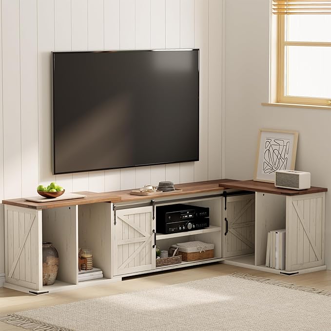 Extendable TV Stand Entertainment Center for 85 95 105 Inch TV Farmhouse TV Stand with Large Capacity Storage and Sliding Doors Media Console for Living Room Length 86-113 White