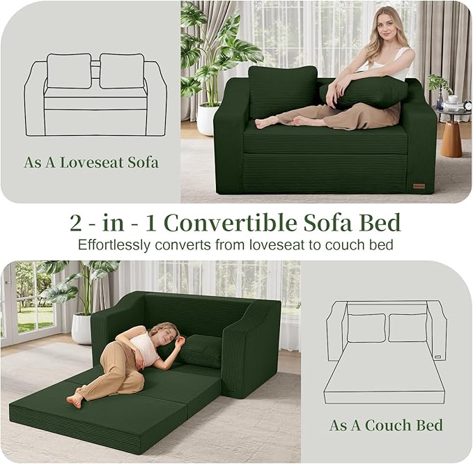 MeMoreCool Convertible Sofa Bed Pull Out Loveseat Sofa Sleeper Couch for Bedroom Living Room Lounge 2 in 1 Small Couch Bed with Pillow Foldable Love Seat Futon Corduroy Green