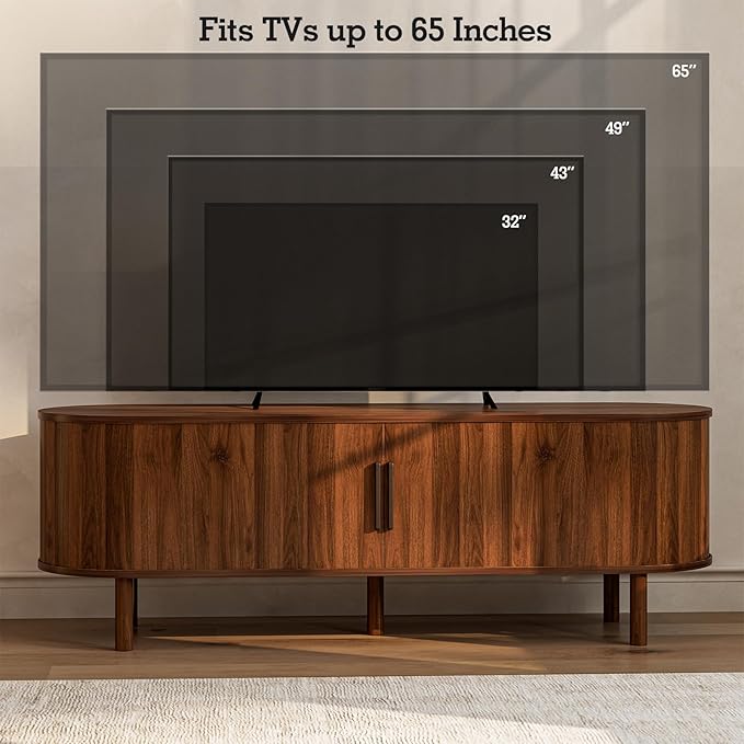 TV Stand for TVs up to 60 Inch Entertainment Center with Sliding Doors and Adjustable Shelf Modern TV Console with Storage for Living Room Bedroom Walnut