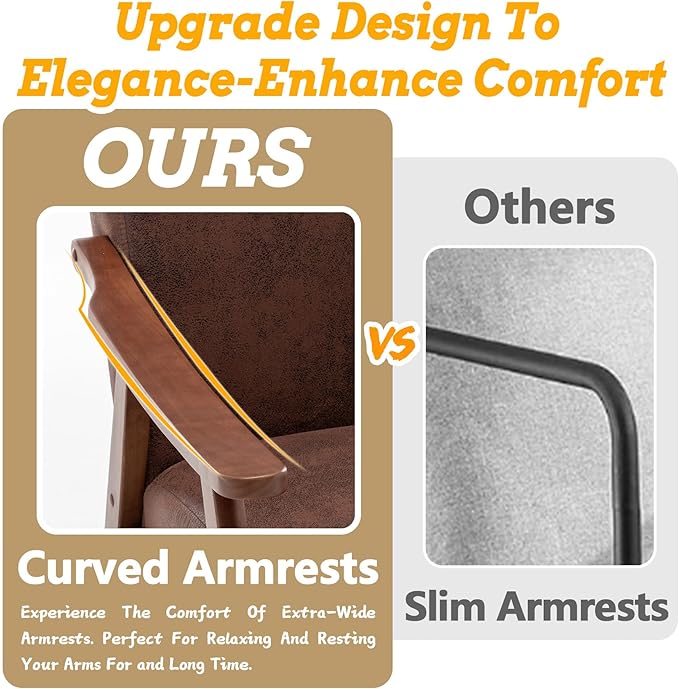 Mid Century Modern Accent Chair Upholstered Armchair Comfy with Wood Legs Siting Chair with Soft Cushion PU Leather Side Chairs for Living Room Bedroom Office (Microfiber Light Brown)