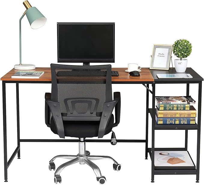 Home Office Desks Corner Computer Desk with Storage Shelves 140cm Industrial Office Desk Study Writing Table Workstation with Printer Stand and Bookshelf for Home Office 140 x 60 x 75cm(L x W x H)