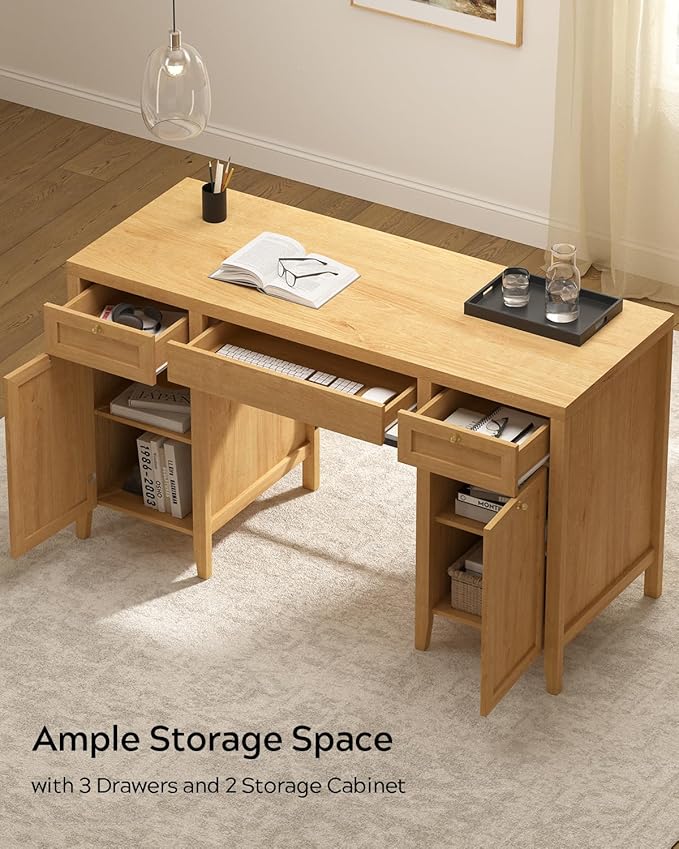 52 Large Executive Desk with Drawers Farmhouse Wooden Home Office Desk with Storage Cabinet Modern Computer Writing Desk for Work Study Workspace Natural Oak