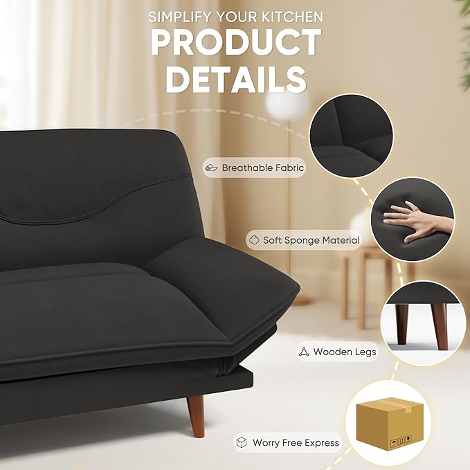 JUMMICO Convertible Futon Sofa Bed Sleeper Futon Couch with Adjustable Backrest and Armrests Modern Loveseat with Sturdy Wood Frame for Small Spaces Apartments (Fabric Black)