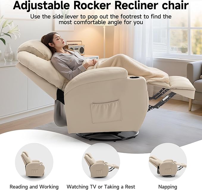 Recliner Chair Rocking Chair with Massage and Heat 360° Swivel Recliner Chairs for Adults Rocker Manual Recliner with Remote Control and Cup Holder for Living Room Bedroom Nursery