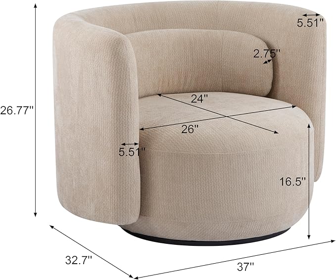 Christopher Knight Home Tanzy 360-Degree Swivel Barrel Chair Upholstered Lounge Chair Indoor Comfy Armchair with Lumbar Pillow for Living Room Thick Cushion Metal Base and Wood Frame Khaki