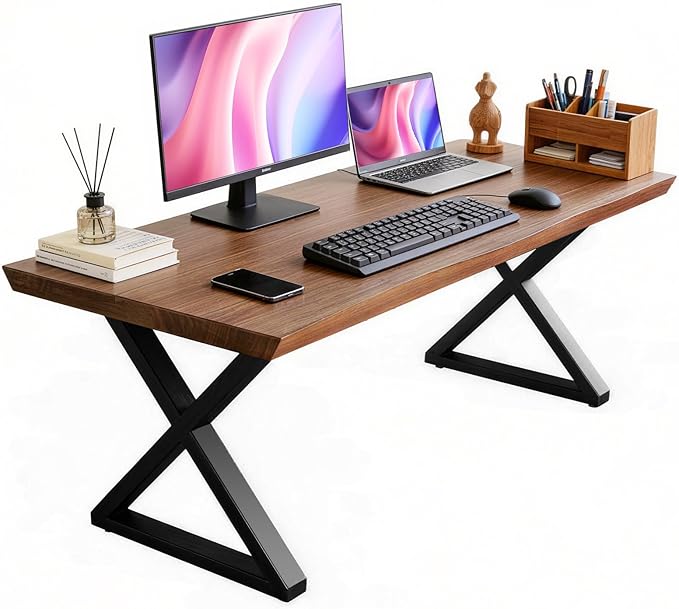 Solid Wood Desk 47 InchHome Office DeskOffice Furniture Butcher Block Studio Desk Rustic Brown Desk Heavy Duty Business Desk（Table Thickness:1.96 inches）