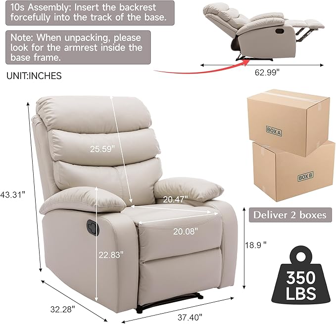 Manual Recliner Chairs for Adults PU Leather Small Recliner Chair for Small Space RV Lazy Boy Single Sofa Chairs Beige